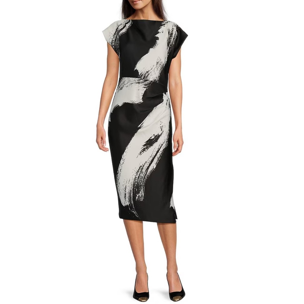 Donna Karan Boat Neck Short Sleeve Ruched Waist Scuba Midi Dress
